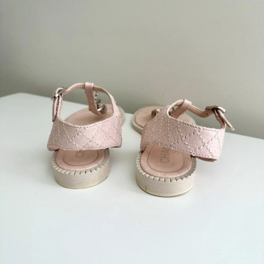 CHANEL Light Pink Quilted Leather Logo Chain T-Strap Thong Flat Sandals